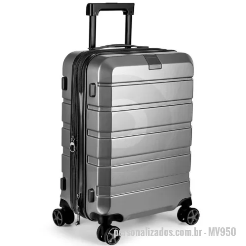 Mala de Bordo personalizada - Mala de bordo fabricada em policarbonato, oferecendo resistência e durabilidade. Conta com abertura frontal com zíper, permitindo fácil acesso ao interior. Possui sistema de carrinho em aço para maior estabilidade e alças de mão localizadas na lateral e na parte superior, facilitando o transporte. Equipada com quatro rodas que giram trezentos e sessenta graus, proporcionando mobilidade em todas as direções.
