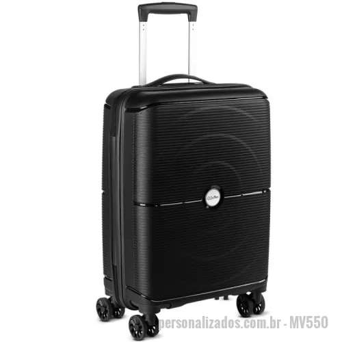 Mala de Bordo personalizada - Mala de bordo fabricada em plástico PP, proporcionando resistência e durabilidade. Possui abertura frontal com zíper para facilitar o acesso ao interior, revestido com forro de poliéster. Conta com sistema de carrinho em aço para maior estabilidade e alça de mão na parte superior para transporte prático. Equipada com quatro rodas giratórias de trezentos e sessenta graus, permitindo deslocamento suave em qualquer direção. Dispõe de cadeado com senha para segurança adicional, incluindo modelo do tipo TSA. Além disso, conta com entrada USB para maior conveniência durante viagens.