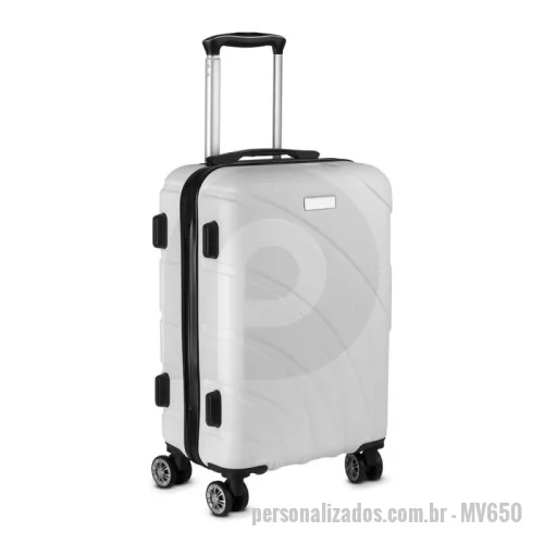 Mala de Bordo personalizada - Mala de bordo em plástico ABS e interior em nylon 210D; Abertura frontal com ziper para acesso ao interior da mala; Forro poliéster; Sistema de carrinho de aço; Cadeado com senha/segredo; Alça de mão na lateral e na parte superior; Quatro rodas de 360 graus; Acompanha Plaquinha de metal (5,9x1,9cm) sem personalização. Mala perfurada para aplicação da plaquinha.