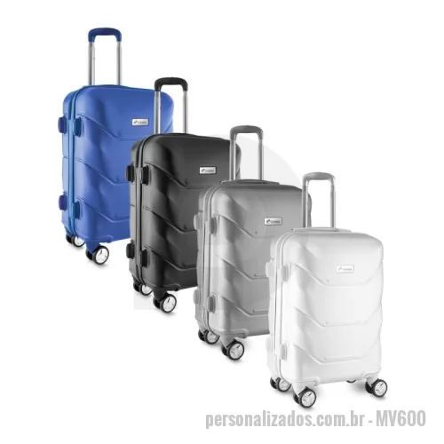 Mala de Bordo personalizada - Mala viagem pequena em ABS (Estireno de acrilonitrilo e butadieno) com interior em poliéster 210D; Forro poliéster; Sistema de carrinho de aço; Cadeado com senha/segredo; Alça de mão na lateral e na parte superior; Quatro rodas de 360 graus; Acompanha Plaquinha de metal (5,9x1,9cm) sem personalização.