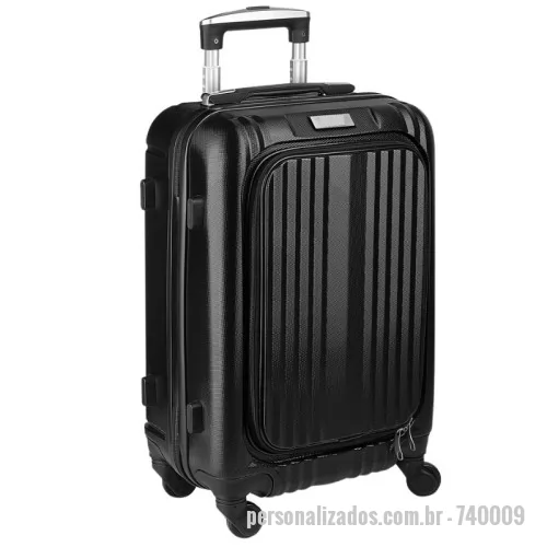 Mala de Bordo personalizada - Mala viagem pequena em ABS (Estireno de acrilonitrilo e butadieno) e interior em nylon 210D; Abertura frontal com ziper para acesso ao interior da mala com três bolsos interno e porta notebook. Forro poliéster; Sistema de carrinho de aço; Cadeado com senha/segredo; Bolso Frontal; Alça de mão na lateral e na parte superior; Quatro rodas de 360 graus;  Compartimento interno para notebooks de até 13