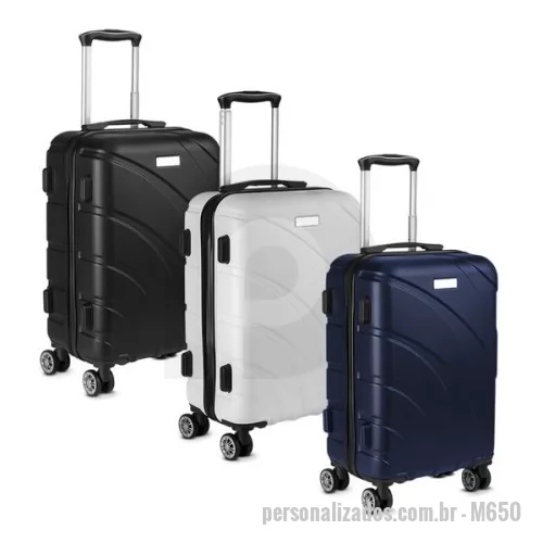 Mala de Bordo personalizada - Mala de bordo em plástico ABS; Abertura frontal com zíper para acesso ao interior da mala; Forro poliéster; Sistema de carrinho de aço; Alça de mão na lateral e na parte superior; Quatro rodas de 360 graus; Acompanha Plaquinha de metal sem personalização. Mala perfurada para aplicação da plaquinha. Gravação da logomarca a laser já incluso.