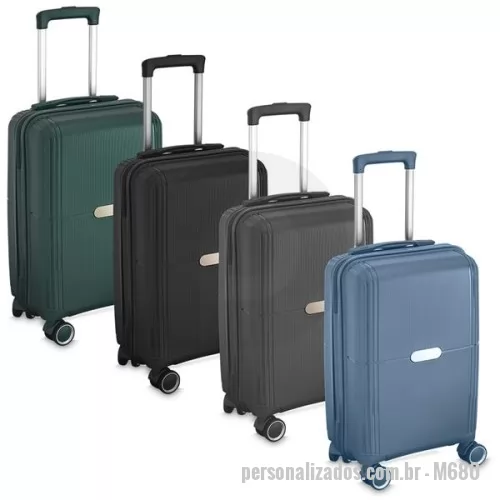 Mala de Bordo personalizada - Mala viagem pequena em Polipropileno com interior em 210D. Abertura com zíper para acesso ao interior da mala e forro poliéster. Sistema de carrinho de aço com quatro rodas de 360 graus. Cadeado com senha/segredo e possui cadeado TSA. Alça de mão na parte superior. Acompanha 2 plaquinhas (7,8x2,6 cm) em inox para personalização. Gravação da logomarca a laser já incluso.