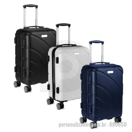 Mala de Bordo personalizada - 	Mala de bordo em plástico ABS; Abertura frontal com ziper para acesso ao interior da mala; Forro poliéster; Sistema de carrinho de aço; Alça de mão na lateral e na parte superior; Quatro rodas de 360 graus; Acompanha Plaquinha de metal sem personalização. Mala perfurada para aplicação da plaquinha. Dimensão do produto: 51x38x23cm (s/rodas) (AxLxP) | 53x38x23cm (c/rodas e alça).