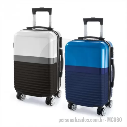 Mala de viagem personalizada - Mala de viagem executivo com rodinhas. ABS e PC. Interior forrado, com divisória. 4 rodas duplas giratórias. Pega extensível em alumínio, com mola (altura pega estendida até 510 mm). Fecho de segurança com senha. Gravação Silk. Ótima opção de brinde para eventos corporativos e campanhas de marketing.