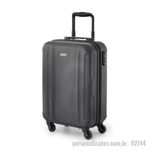 Mala de viagem personalizada - Mala de viagem executivo em ABS com interior forrado, com divisória. Fecho de segurança com senha na lateral, 4 rodas giratórias, pega extensível em alumínio, com mola (altura da pega estendida até 500 mm), e placa metálica removível com imã, para fácil gravação. Mala com capacidade até 31 L e peso de 2,25 kg.