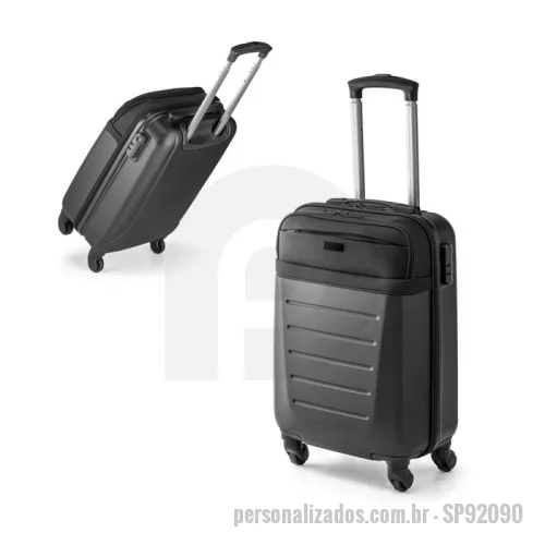 Mala de viagem personalizada - Mala de viagem executivo em ABS e 600D com interior forrado. Fecho de segurança com senha na lateral, 4 rodas giratórias, pega extensível em alumínio (altura da pega estendida até 460 mm). Compartimento almofadado para notebook até 15.6