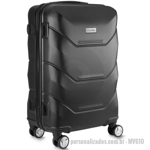 Mala de viagem personalizada - Descubra a Mala de Viagem Personalizada em plástico ABS, resistente e elegante. Com abertura frontal com zíper, oferece acesso rápido e fácil ao interior. Seu forro de poliéster protege seus pertences, enquanto o sistema de carrinho em aço garante durabilidade. Conta ainda com alça de mão lateral e superior para mais conforto no transporte e quatro rodas 360°, proporcionando máxima mobilidade.  Leve, funcional e cheia de estilo, essa mala é perfeita para te acompanhar em todas as suas aventuras!