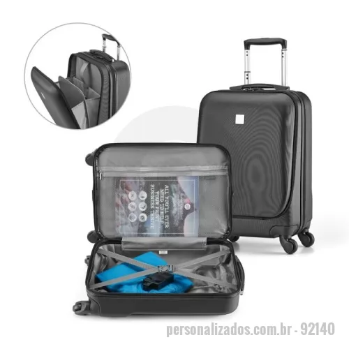 Mala de viagem personalizada - Mala de viagem executivo em ABS com compartimento frontal para notebook 17'' e interior forrado. 4 rodas giratórias, pega extensível em alumínio, com mola (altura da pega estendida até 480 mm) e placa metálica removível, para fácil gravação. Mala com capacidade até 35 L e peso de 2,70 kg. 340 x 545 x 245 mm | Placa: 31 x 31 mm