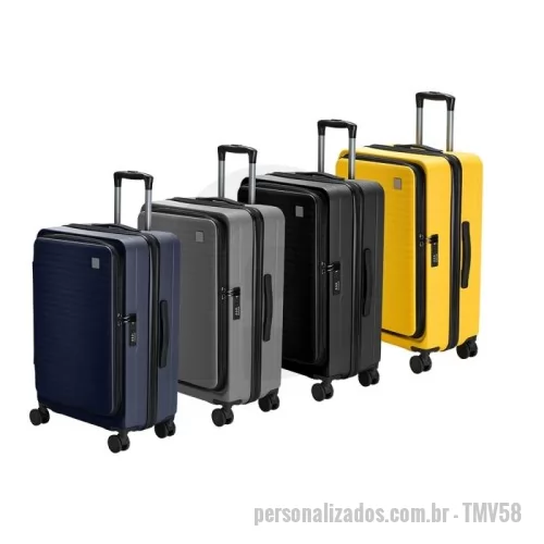Mala de viagem personalizada - Mala de 49 litros, resistente e funcional! Produzida em plástico ABS, conta com cadeado numérico TSA embutido para mais segurança. Seu design inteligente traz abertura frontal com divisórias internas de zíperes e cinta compressora para roupas. Precisa de mais espaço? O zíper externo expansível se encarrega de ampliar a capacidade da mala. Para facilitar o transporte, possui puxador retrátil de 3 estágios, duas alças de mão, apoios e ganchos laterais e rodinhas 360º, proporcionando mobilidade total. Acompanha plaquinha metálica grafite personalizável.