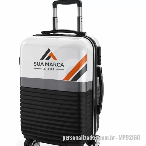 Mala de viagem personalizada - Mala de viagem executivo em ABS e PC com interior forrado e divisória. Fecho de segurança com senha na lateral, 4 rodas duplas giratórias e pega extensível em alumínio com mola (altura da pega estendida até 510 mm). Capacidade até 33 L e peso de 2,70 kg. 335 x 550 x 230 mm