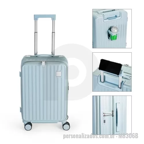 Mala de viagem personalizada - Mala de viagem com capacidade máxima de 38 litros. Feita em policarbonato (PC), possui compartimento principal com dois bolsos em tamanhos diferentes, um deles em tela de malha, além de cinta compressora no lado oposto. Conta ainda de compartimento frontal com três bolsos em tamanhos variados e plaquinha metálica personalizável na parte externa. Apresenta quatro pares de rodinhas com giro 360 graus, cadeado numérico TSA, hastes metálicas com dois níveis de elevação ajustáveis e suporte retrátil para celular no puxador plástico. Dispõe de mais duas alças de mão, uma delas localizada na lateral para permitir o transporte na horizontal, quatro apoios laterais e suporte para copo ou garrafa na parte posterior. Gravação da logomarca a laser já incluso.
