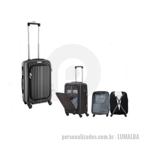 Mala personalizada - Mala de Bordo Modelo Acess com 4 rodas 360º e bolso externo com 3 compartimentos de fácil acesso, estrutura rígida em ABS em cor preta, abertura em zíper e cadeado de senha, proporciona um transporte mais confortável e seguro para o usuário, a mala dispõe em seu topo um puxador com alça retrátil, uma alça de mão reforçada e também uma alça de mão na lateral, no seu interior a mala possui divisória interna com zíper e elástico, tem as medidas de 37 cm x 23 cm x 52 cm e pesa 2,3 Kg. e o seu logotipo é aplicado a laser sobre plaquinha de metal para personalizar a marca da sua empresa e presenteie seus clientes e colaboradores com um brinde exclusivo.