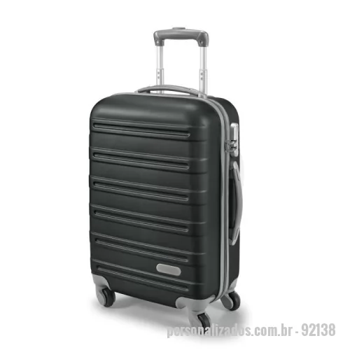 Mala personalizada - Mala de viagem executivo em ABS com interior forrado, com divisória. Fecho de segurança com senha na lateral, 4 rodas giratórias, pega extensível em alumínio, com mola (altura da pega estendida até 435 mm) e placa metálica removível, para fácil gravação. Mala com capacidade até 36 L e peso de 2,80 kg.