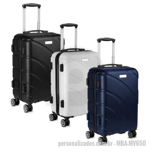 Mala personalizada - Mala de bordo em plástico ABS e interior em nylon 210D; Abertura frontal com ziper para acesso ao interior da mala; Forro poliéster; Sistema de carrinho de aço; Cadeado com senha/segredo; Alça de mão na lateral e na parte superior; Quatro rodas de 360 graus;