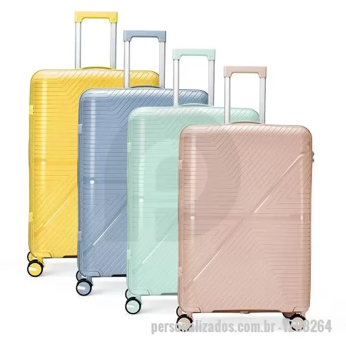 Mala personalizada - Projetada para oferecer praticidade e conforto, esta mala une o plástico resistente a um design exclusivo. Perfeita para qualquer viagem, ela apresenta um interior inteligente com divisória equipada com bolso em tela e cinta compressora, garantindo o
