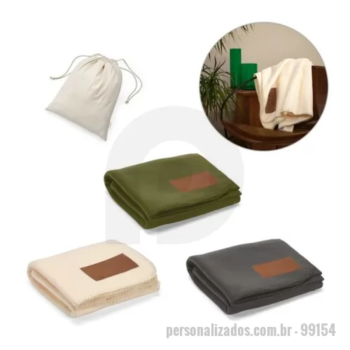 Manta personalizada - Manta em tecido polar, 100% poliéster reciclado (100% rPET), com área para personalização em microfibra. Fornecido em saco de tecidos 100% reciclado (70% algodão reciclado e 30% poliéster reciclado), com gramagem de 140 g/m². 1600 x 1200 mm | Saco: 400 x 320 mm