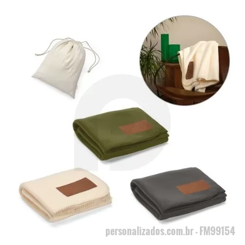 Manta personalizada - Manta em tecido polar em 100% poliéster reciclado (100% rPET), com área para personalização em microfibra. Fornecido em saco de tecidos 100% reciclado (70% algodão reciclado e 30% poliéster reciclado), com gramagem de 140 g/m². 1600 x 1200 mm | Saco: 400 x 320 mm