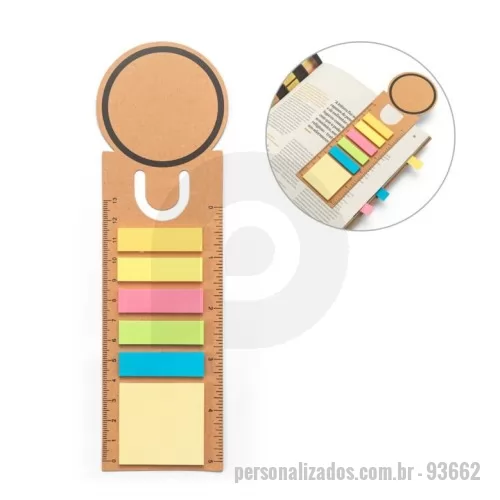 marca página personalizada - Kit escritório personalizado 3 em 1 produzido em papel 100% reciclado, ideal para anotações, organização e marcação de páginas. Possui bloco adesivo com 15 folhas, cinco blocos adesivos coloridos com 15 folhas cada e régua integrada com escala em centímetros e polegadas. O formato compacto também permite utilizar o produto como marcador de página ou clipe para prender conjuntos de folhas. Funcional, leve e sustentável, é uma excelente opção para brindes corporativos, eventos, treinamentos, feiras, kits de onboarding e campanhas ecológicas. Pode ser personalizado com logotipo ou identidade visual da empresa. Medidas aproximadas: 21,5 x 6 cm.