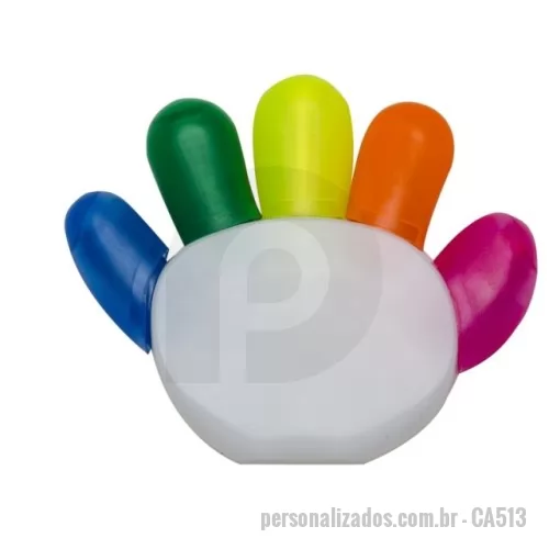 Marca texto personalizada - Marca texto branco plástico em formato de mão.  Altura:  101mm  Largura:  83mm  Tamanho total aproximado (CxD):  10,1 cm x 8,3 cm  Peso aproximado (g):  41