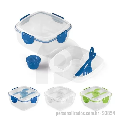 Marmita personalizada - Marmita. PP. Com 3 compartimentos, garfo, faca e molheira. Capacidade total: 1.200 ml. Apta para microondas (retirar a tampa). Food grade. 175 x 175 x 87 mm.