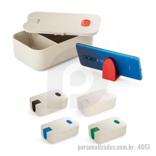 Marmita personalizada - Marmita de fibra de bambu e PP 1000 ml 1 divisória, com suporte para celular, nas medidas de 195 x 114 mm x 60 mm