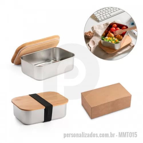 Marmita personalizada - Marmita em aço inox e tampa em bambu com banda elástica para um transporte mais seguro. Capacidade até 800 ml. Food grade. Fornecida em caixa de papel craft