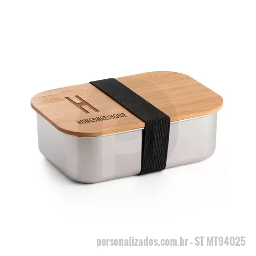 Marmita personalizada - Fabricada em aço inox, a marmita termica personalizada possui tampa de bambu e conta com capacidade de 800ml. A impressão é feita em laser na tampa em área nobre de gravação.