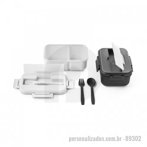 Marmita personalizada - Marmita em PP com capacidade até 1 L. A tampa tem um compartimento para talheres (inclusos). A caixa é apta para microondas, sendo necessário retirar a tampa.