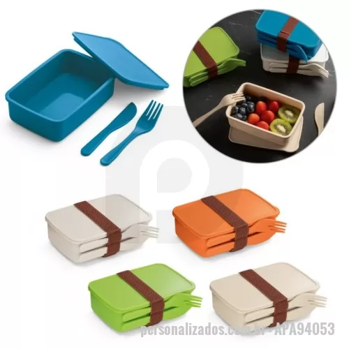 Marmita personalizada - Marmita hermética em fibra de bambu (60%) e PP (40%) com compartimento com capacidade até 600 ml. Contém banda elástica com suporte para 2 talheres, inclusos: garfo e faca. Apto para micro-ondas (retirar a tampa). Certificação EU Food Grade. 165 x 111 x 50 mm