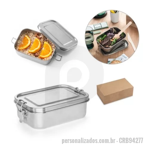 Marmita personalizada - Lancheira. Marmita hermética robusta em aço inoxidável (90% reciclado) 750 mL Personalizada  Marmita hermética robusta em aço inox 90% reciclado com fivelas laterais de segurança. Capacidade até 750 mL.   Fornecida em caixa presente em papel kraft reciclado. 170 x 119 x 57 mm