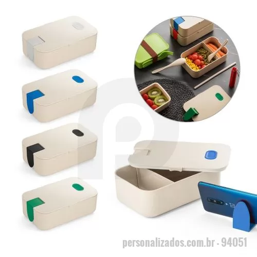 Marmita personalizada - Marmita Personalizada - 94051 - Marmita hermética em fibra de bambu (60%) e PP (40%) com um compartimento com capacidade até 1 L. Contém suporte para celular. Apto para micro-ondas, retirando a tampa. Certificação EU Food Grade. 195 x 114 x 60 mm - 179341 - Marmita
