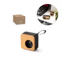 Caixa de som portátil em ABS reciclado e bambu. Com potência de 3W e transmissão por bluetooth 5.0 e função de rádio. Tempo de reprodução até 4h com uma bateria de 500 mAh. Fornecido em caixa presente de papel craft.