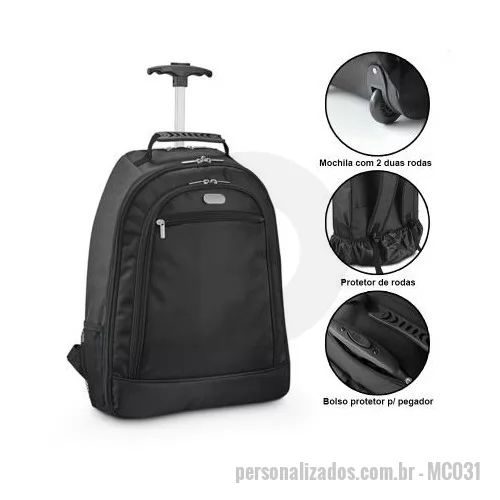 Mochila com carrinho personalizada - Mochila com Carrinho Trolley com Porta Notebook em Nylon 1680D e 600D. Compartimento principal almofadado para notebook 15.6'' Segundo compartimento forrado e com diversos bolsos. Bolso frontal com zíper e bolsos laterais com tela. Com 2 duas rodas e protetor de rodas em poliéster. Pegador extensível em alumínio com mola (altura do pegador estendida: 530 mm). Plaquinha metálica removível com ímã para fácil gravação. Plaquinha medindo: 3,6 x 1,4 cm. Ideal para eventos corporativos, campanhas de marketing e convenções.