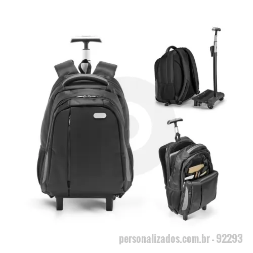 Mochila com carrinho personalizada - Mochila trolley para notebook em Nylon 999 impermeável com 2 rodas. Compartimento principal almofadado para notebook até 17''. Segundo compartimento forrado e com diversos bolsos. Bolso frontal com zíper e bolsos laterais em tela mesh. Sistema de proteção de rodas integrado na mochila. Trolley com pega extensível em alumínio com mola (altura da pega estendida até 550 mm), sendo a estrutura removível. Placa metálica removível com imã, para fácil gravação. Capacidade até 30 L e peso de 1,70 kg. 350 x 460 x 225 mm | Placa: 50 x 20 mm