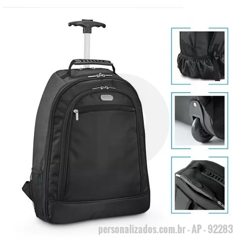 Mochila com carrinho personalizada - Mochila trolley para notebook. 1680D e 600D. Com 2 rodas. Compartimento principal almofadado para notebook 15.6''. Segundo compartimento forrado e com diversos bolsos. Bolso frontal com zipper e bolsos laterais com tela. Com protetor de rodas.