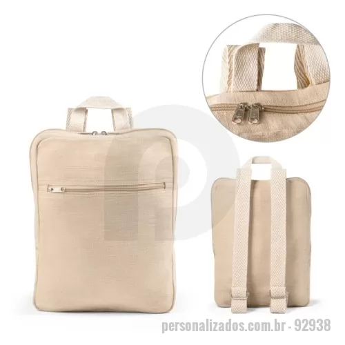 Mochila ecológica personalizada - Mochila em juco (mistura de algodão e juta, 275 g/m²), um compartimento principal e bolso frontal com zíper. Pega em webbing de algodão no topo e alças ajustáveis em algodão bicolor. Capacidade até 7 L. 270 x 350 x 70 mm