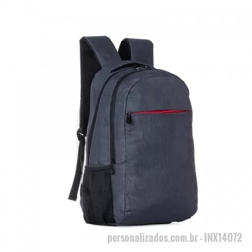 Mochila para notebook personalizada -  Mochila poliéster com compartimento para notebook. Possui um compartimento superior com bolso interno para notebook; compartimento médio com bolso divisória e um bolso de tela; compartimento/bolso frontal pequeno e dois bolsos laterais em malha.   Medidas: 46 cm x 35 cm Fabricamos em diversos tamanhos e materiais. Disponivel em diversas cores. Personalização: silk, sublimação, etiqueta, hot stamp (Consulte gravação de acordo com o material escolhido)  A EV Brindes possui sua própria fábrica, assim podendo confeccionar em diversas medidas, cores e materiais.