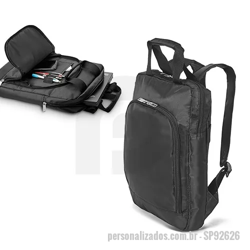 Mochila para notebook personalizada - Mochila. 840D. Compartimento principal com divisórias para notebook até 15''. Bolso frontal. Alça para trolley. 300 x 370 x 60 mm