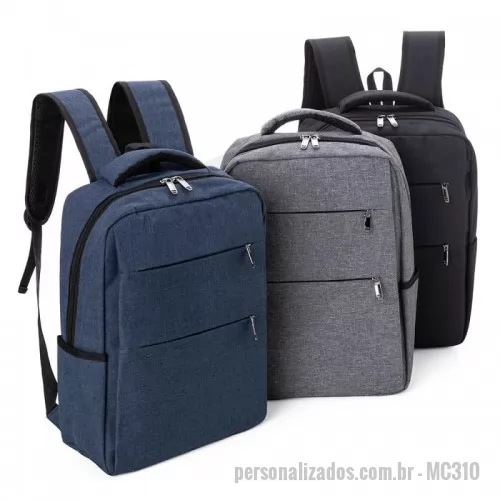 Mochila para notebook personalizada - Mochila p/ Notebook em tecido poliéster.  Parte externa: 3 Bolsos frontais com ziper; 2 Bolsos laterais; Alça de mão e alça ombro acolchoada;    Parte interna: Compartimento acolchoado p/ notebook de 39x28cm. Tamanho total do Notebook - 15.6 