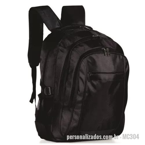 Mochila para notebook personalizada - Mochila de nylon com compartimento para notebook. Compartimento grande com bolso interno para notebook 15.6 polegadas, dois compartimentos medianos, compartimento frontal e bolsos laterais de nylon. Possui duas alças de mão, sendo uma em nylon e outra com revestimento de espuma, alças laterais e alças para costa ajustáveis.