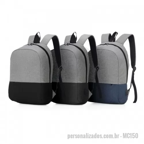 Mochila para notebook personalizada - Mochila p/ Notebook em tecido poliéster.  Parte externa: Bolso frontal com ziper; Alça de mão; Alça ombro acolchoada; Conector USB na lateral.  Parte interna: Compartimento para notebook. Tamanho total do Notebook - 16,5¨