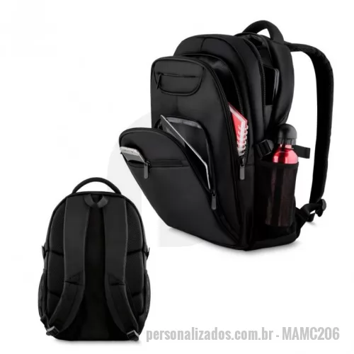 Mochila para notebook personalizada - Mochila para notebook em tecido poliéster. Saída USB com cabo ligando ao interior da mochila. Excelente espaço interno.  Parte externa: Bolsos frontais com zíper reforçado. Dois bolsos laterais. Alça de mão e ombro acolchoadas.  Parte interna: Compartimento acolchoado p/ Notebook com alça p/ travamento, 34x24cm Tamanho total do Notebook - 15.6