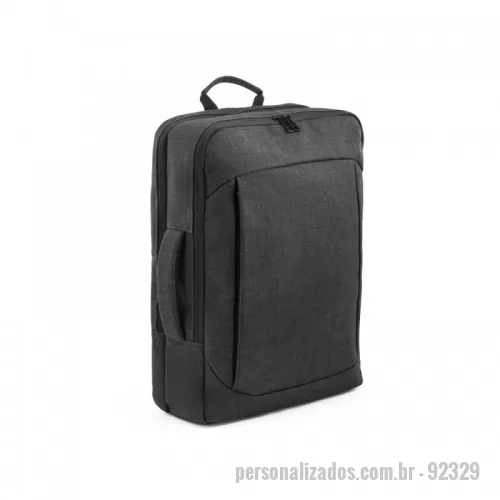 Mochila para notebook personalizada - Mochila híbrida (2 em 1) em 600D com 2 modos de transporte. Possui um modo mochila, com parte posterior e alças almofadadas com mecanismo que permite ocultá-las. Também pode ser utilizada em modo pasta, com uma pega de mão reforçada e confortável. Contém 2 compartimentos principais: 1 com bolso para notebook até 15,6