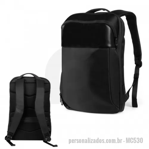 Mochila para notebook personalizada - Mochila Premium, adequada para viagens de negócios, feito de tecido de poliéster, alças de ombro acolchoadas, aceita notebook de até 15,6”, porta USB na lateral, engate para mala de viagem.