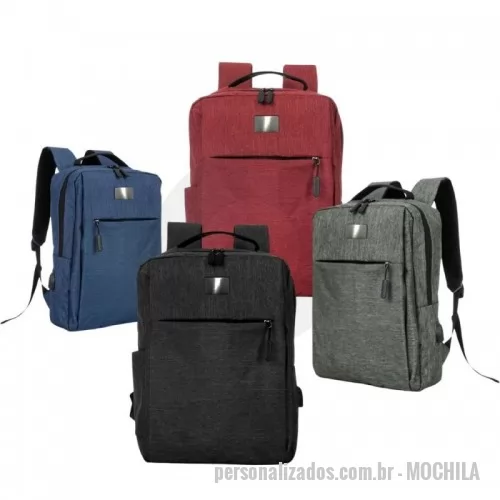 Mochila para notebook personalizada - Mochila de nylon 21 litros com três compartimentos, sendo o principal com bolso para notebook 156. Com divisórias internas para acessórios, a mochila possui bolso lateral e suporte externo usb.  Altura :  43 cm  Largura :  29 cm  Profundidade :  17 cm  Medidas aproximadas para gravação (CxL):  23 cm x 10 cm  Peso aproximado (g):  522  AZUL	CINZA	PRETO	VERMELHO