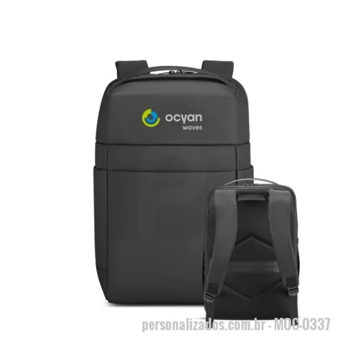Mochila para notebook personalizada - Mochila premium, produzida com poliéster acolchoado, alças de ombro acolchoadas, interior com divisórias, engate para mala de viagem, aceita notebook de até 15,6”.