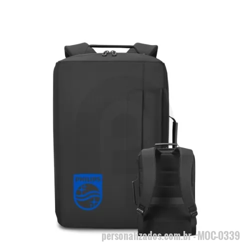 Mochila para notebook personalizada - Mochila premium, produzida com poliéster acolchoado, alças de ombro acolchoadas, interior com divisórias, bolso frontal com zíper e na parte das costas uma divisória atrás do engate para mala de viagem, aceita notebook de até 15,6”.