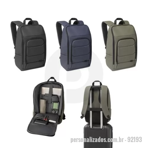 Mochila para notebook personalizada - Mochila para notebook em 600D, poliéster reciclado (100% rPET), de alta densidade, com revestimento resistente à água e forro em 210D poliéster reciclado (100% rPET). Possui um compartimento principal com diversos bolsos e 2 divisórias almofadadas para notebook até 16