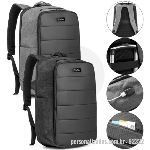 Mochila para notebook personalizada - A mochila ideal para quem busca praticidade e proteção! Confeccionada em 300D de alta densidade, ela oferece 2 compartimentos principais, incluindo um compartimento posterior com 2 divisórias almofadadas para notebook de até 17